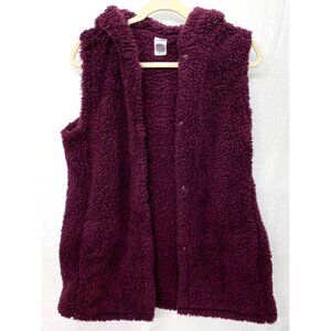 Women Teddy Bear Fleece Hooded Vest Hoodie Coat Jacket Burgandy Sherpa Shrug L